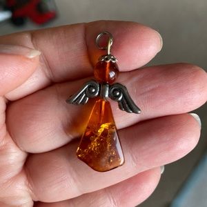 🌟HP🌟Vintage Genuine Baltic Amber Angel Pendant, Silver Tone